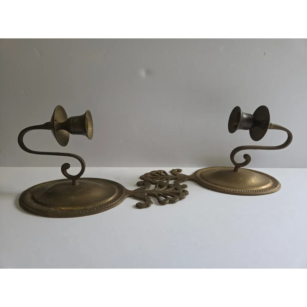 Vintage Solid Brass Wall Sconces Pair Handcrafted India Scrolled Candle Holder